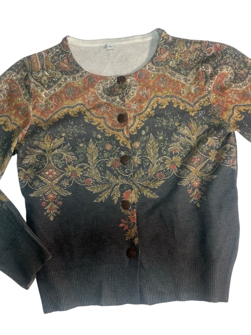 Women's Vintage-Inspired Floral Button Cardigan - Navy & Multicolor EUC